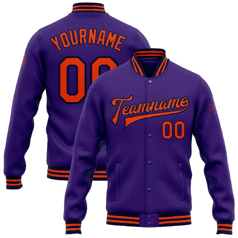 Casual Yet Sophisticated Unisex Fashion Fashion Deal Custom Purple Orange-Navy Bomber Full-Snap Varsity Letterman Jacket