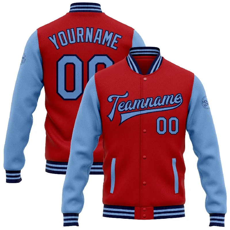 Chic And Contemporary Unisex Clothing Choices Mega Sale Custom Red Light Blue-Navy Bomber Full-Snap Varsity Letterman Two Tone Jacket