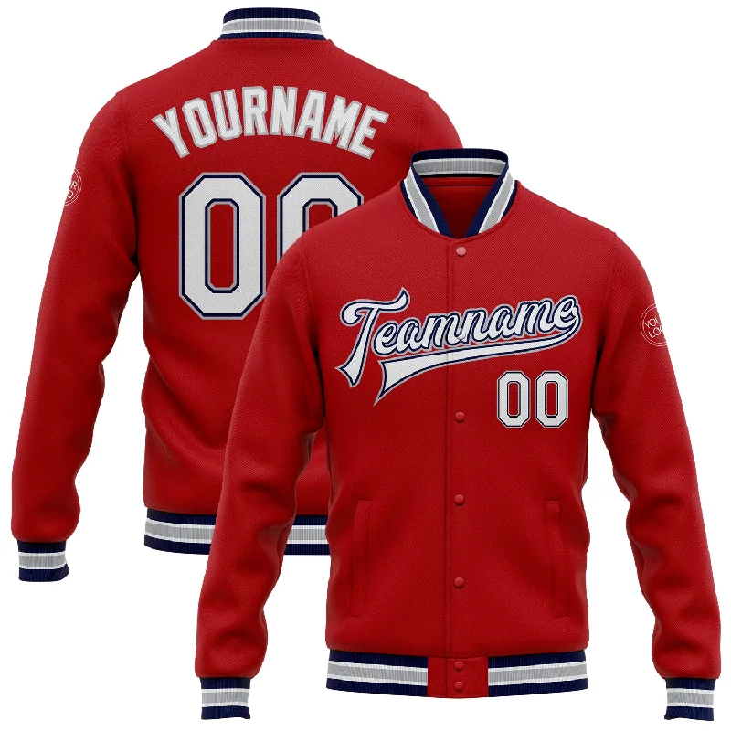 Comfortable And Stylish Unisex Outfits New Arrivals Custom Red White Navy-Gray Bomber Full-Snap Varsity Letterman Jacket