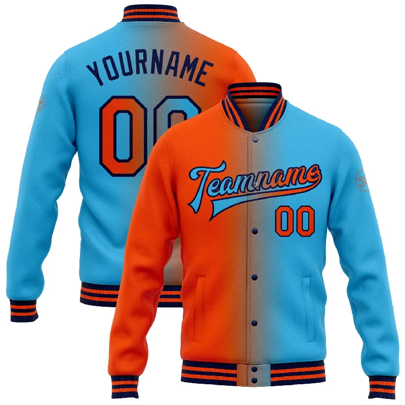 Casual And Trendy Unisex Fashion Staples Everyday Elegance Sale Custom Sky Blue Orange-Navy Bomber Full-Snap Varsity Letterman Gradient Fashion Jacket Casual And Trendy Unisex Fashion Staples Everyday Elegance Sale Custom Sky Blue Orange-Navy Bomber Full-Snap Varsity Letterman Gradient Fashion Jacket