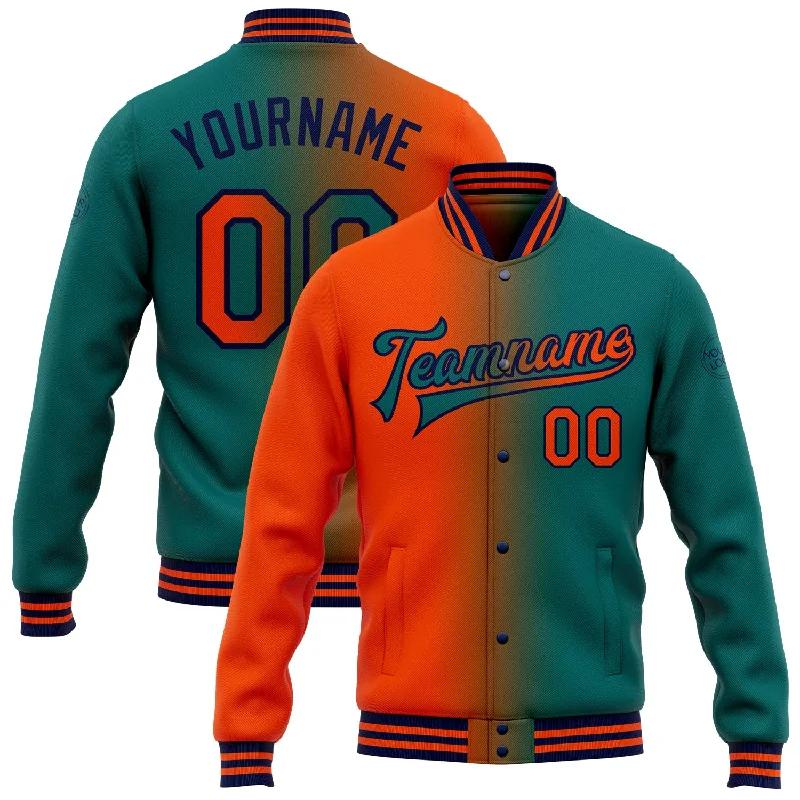 Unisex Casual Fashion Trends Refined Fashion Sale Custom Teal Orange-Navy Bomber Full-Snap Varsity Letterman Gradient Fashion Jacket Unisex Casual Fashion Trends Refined Fashion Sale Custom Teal Orange-Navy Bomber Full-Snap Varsity Letterman Gradient Fashion Jacket