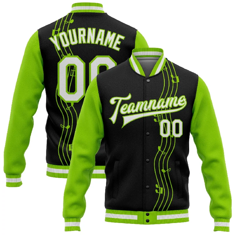 Stylish Unisex Outfit Ideas Sophisticated Fashion Custom Black White-Neon Green Music Festival 3D Pattern Design Bomber Full-Snap Varsity Letterman Jacket Stylish Unisex Outfit Ideas Sophisticated Fashion Custom Black White-Neon Green Music Festival 3D Pattern Design Bomber Full-Snap Varsity Letterman Jacket