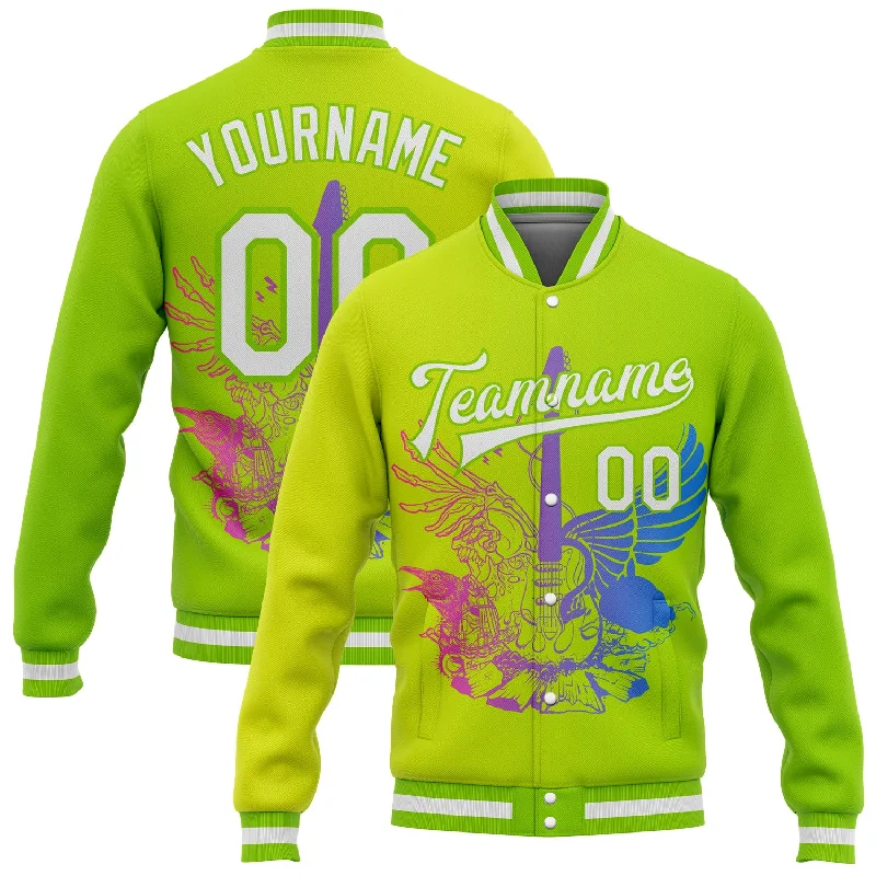Comfortable Unisex Streetwear Stylish Deals Custom Neon Green White-Neon Yellow Guitar Rock Roll Music Festival 3D Pattern Design Bomber Full-Snap Varsity Letterman Gradient Fashion Jacket Comfortable Unisex Streetwear Stylish Deals Custom Neon Green White-Neon Yellow Guitar Rock Roll Music Festival 3D Pattern Design Bomber Full-Snap Varsity Letterman Gradient Fashion Jacket