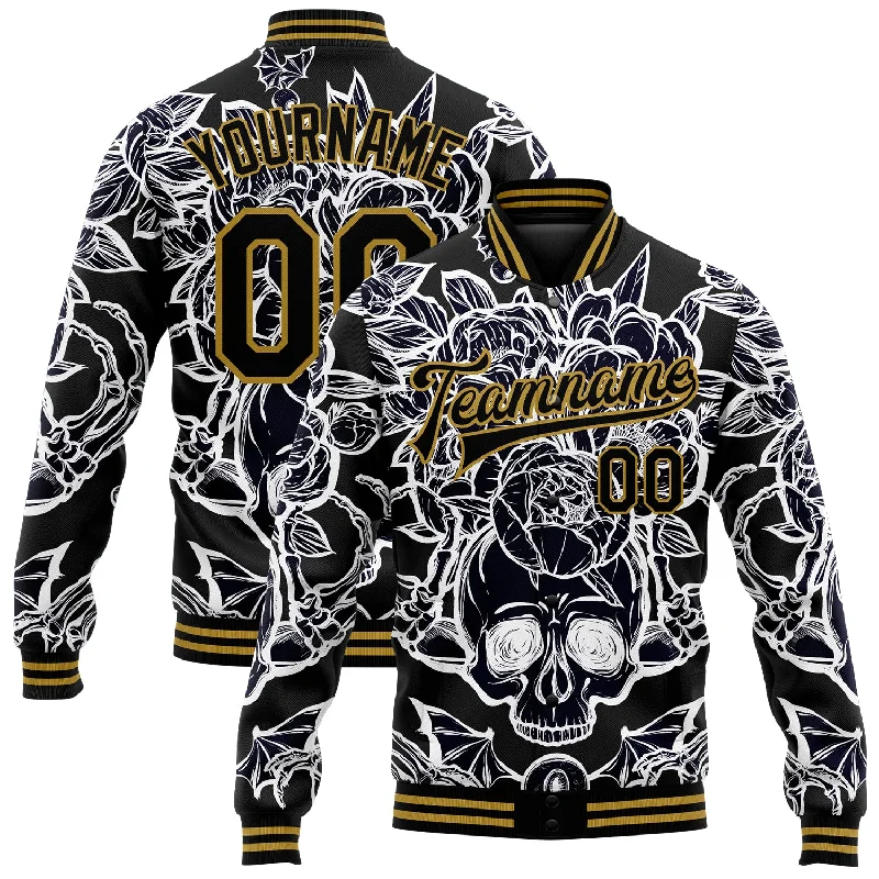 Comfortable Gender-Free Fashion Choices Fresh Fashion Discounts Custom Black Old Gold Skull With Peonies 3D Bomber Full-Snap Varsity Letterman Jacket Comfortable Gender-Free Fashion Choices Fresh Fashion Discounts Custom Black Old Gold Skull With Peonies 3D Bomber Full-Snap Varsity Letterman Jacket