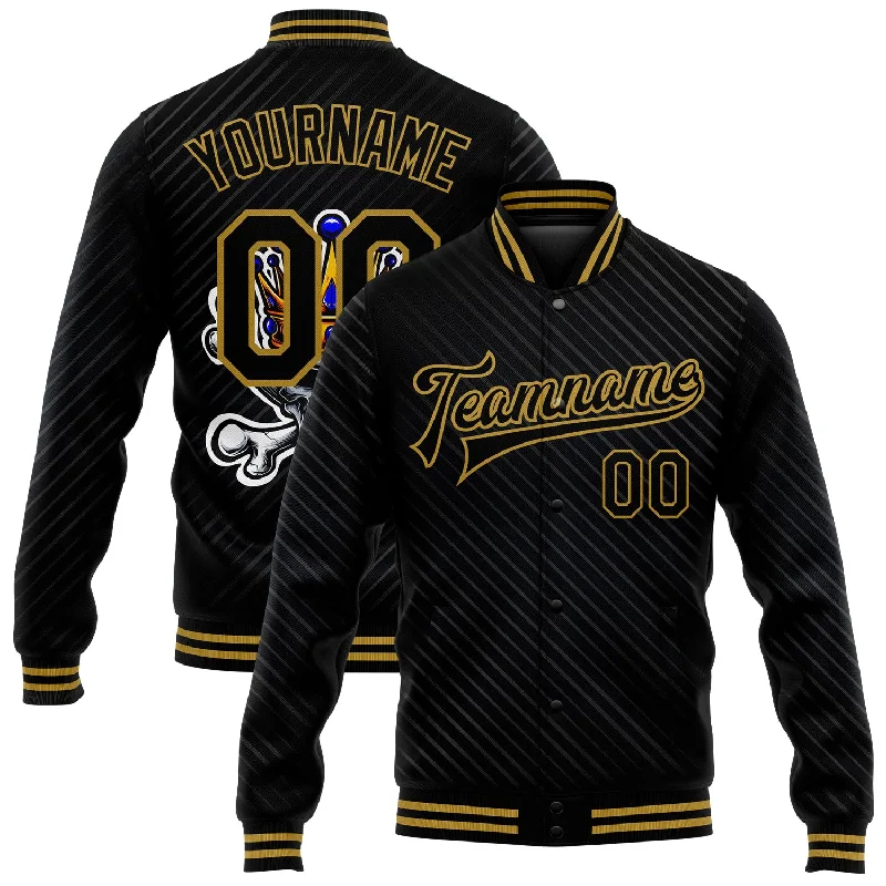 Sleek And Comfortable Unisex Wear Exclusive Fashion Deals Custom Black Old Gold Skull With Gold Crown And Crossing Bones 3D Bomber Full-Snap Varsity Letterman Jacket Sleek And Comfortable Unisex Wear Exclusive Fashion Deals Custom Black Old Gold Skull With Gold Crown And Crossing Bones 3D Bomber Full-Snap Varsity Letterman Jacket