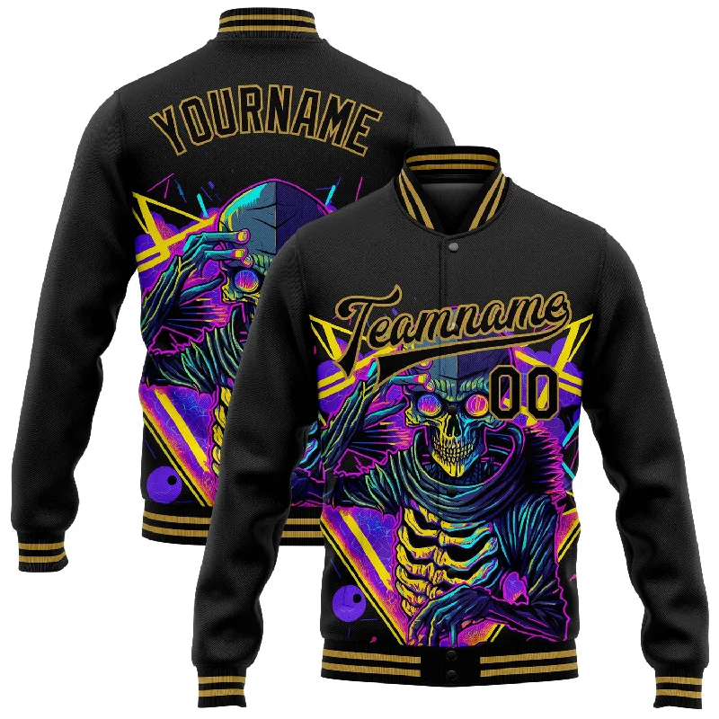 Oversized Unisex Apparel For Effortless Style Smart Casual Deals Custom Black Old Gold Psychedelic Skeleton Metal Apparel Dark Art 3D Bomber Full-Snap Varsity Letterman Jacket Oversized Unisex Apparel For Effortless Style Smart Casual Deals Custom Black Old Gold Psychedelic Skeleton Metal Apparel Dark Art 3D Bomber Full-Snap Varsity Letterman Jacket