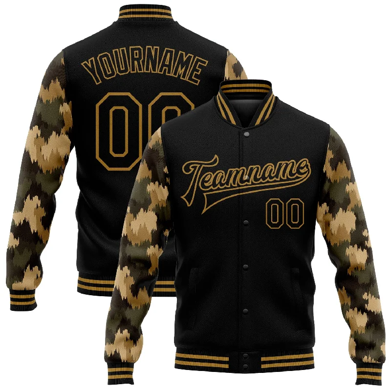 Functional And Stylish Unisex Wear Urban Style Promotions Custom Black Old Gold Camo Sleeves 3D Pattern Design Bomber Full-Snap Varsity Letterman Jacket Functional And Stylish Unisex Wear Urban Style Promotions Custom Black Old Gold Camo Sleeves 3D Pattern Design Bomber Full-Snap Varsity Letterman Jacket