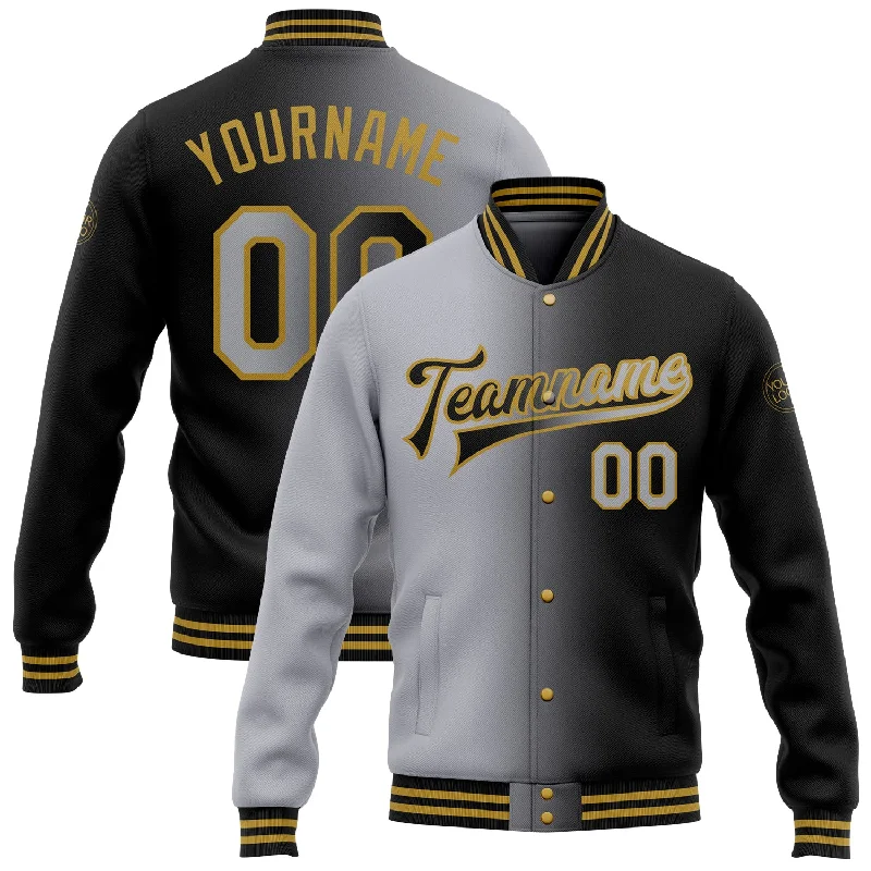 Bold And Trendy Gender-Neutral Outfits Cool Prices Custom Black Gray-Old Gold Bomber Full-Snap Varsity Letterman Gradient Fashion Jacket