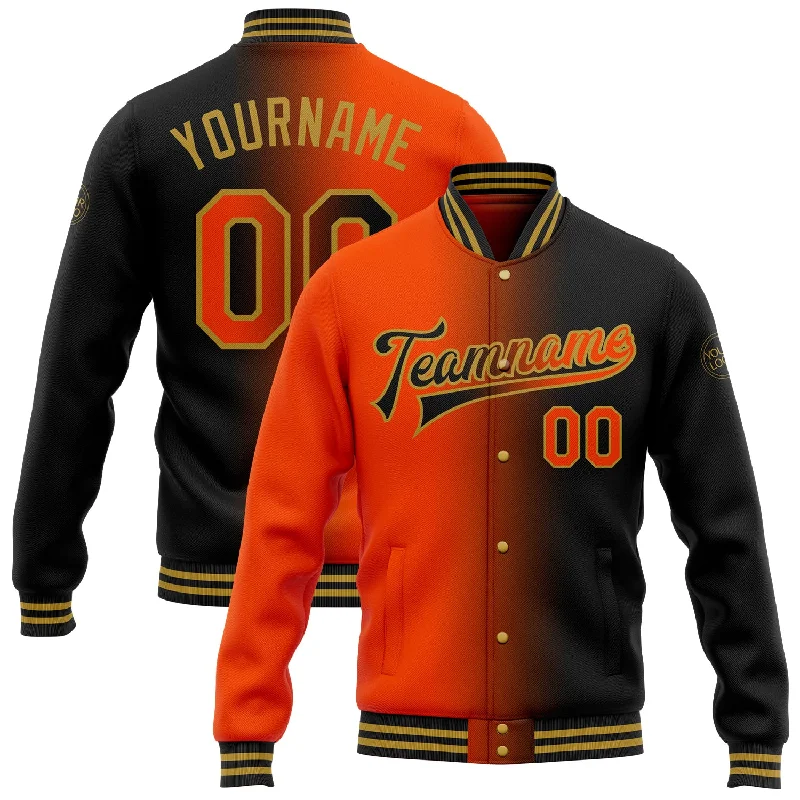 Comfortable Unisex Streetwear Trend Forward Threads Custom Black Orange-Old Gold Bomber Full-Snap Varsity Letterman Gradient Fashion Jacket Comfortable Unisex Streetwear Trend Forward Threads Custom Black Orange-Old Gold Bomber Full-Snap Varsity Letterman Gradient Fashion Jacket