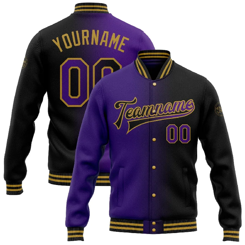 Casual Yet Sophisticated Unisex Fashion The Latest Fashion Trends Custom Black Purple-Old Gold Bomber Full-Snap Varsity Letterman Gradient Fashion Jacket Casual Yet Sophisticated Unisex Fashion The Latest Fashion Trends Custom Black Purple-Old Gold Bomber Full-Snap Varsity Letterman Gradient Fashion Jacket