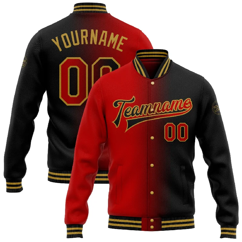 Chic And Casual Unisex Fashion Trends Seasonal Fashion Custom Black Red-Old Gold Bomber Full-Snap Varsity Letterman Gradient Fashion Jacket