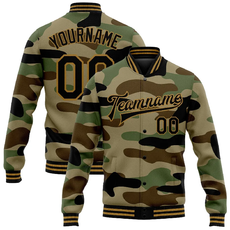 Oversized Unisex Fashion Pieces High-End Style Discounts Custom Camo Black-Old Gold Jungle Camouflage 3D Bomber Full-Snap Varsity Letterman Salute To Service Jacket