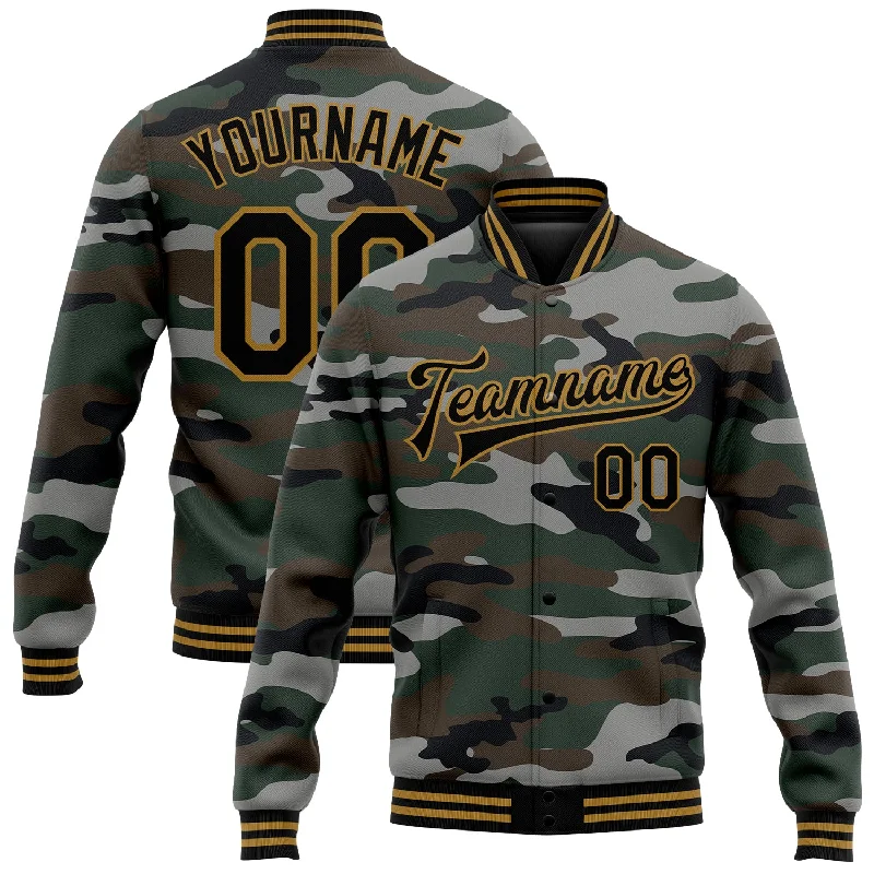 Minimalist Unisex Fashion Essentials Avant-Garde Style Promotions Custom Camo Black-Old Gold Jungle Camouflage 3D Bomber Full-Snap Varsity Letterman Salute To Service Jacket