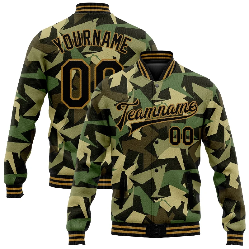 Urban-Inspired Unisex Fashion Trends Modern Fashion Sale Custom Camo Black-Old Gold Geometric Camouflage 3D Bomber Full-Snap Varsity Letterman Salute To Service Jacket