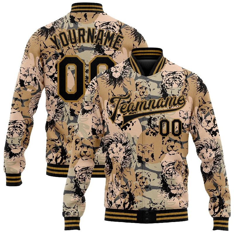 Fashion-Forward Unisex Apparel Stylish Savings Custom Camo Black-Old Gold Lion And Tiger 3D Pattern Design Bomber Full-Snap Varsity Letterman Salute To Service Jacket Fashion-Forward Unisex Apparel Stylish Savings Custom Camo Black-Old Gold Lion And Tiger 3D Pattern Design Bomber Full-Snap Varsity Letterman Salute To Service Jacket
