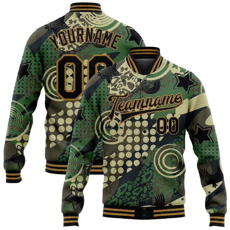 Classic Unisex Fashion Looks Spring Fashion Custom Camo Black-Old Gold Dots And Geometric Figures 3D Pattern Design Bomber Full-Snap Varsity Letterman Salute To Service Jacket Classic Unisex Fashion Looks Spring Fashion Custom Camo Black-Old Gold Dots And Geometric Figures 3D Pattern Design Bomber Full-Snap Varsity Letterman Salute To Service Jacket