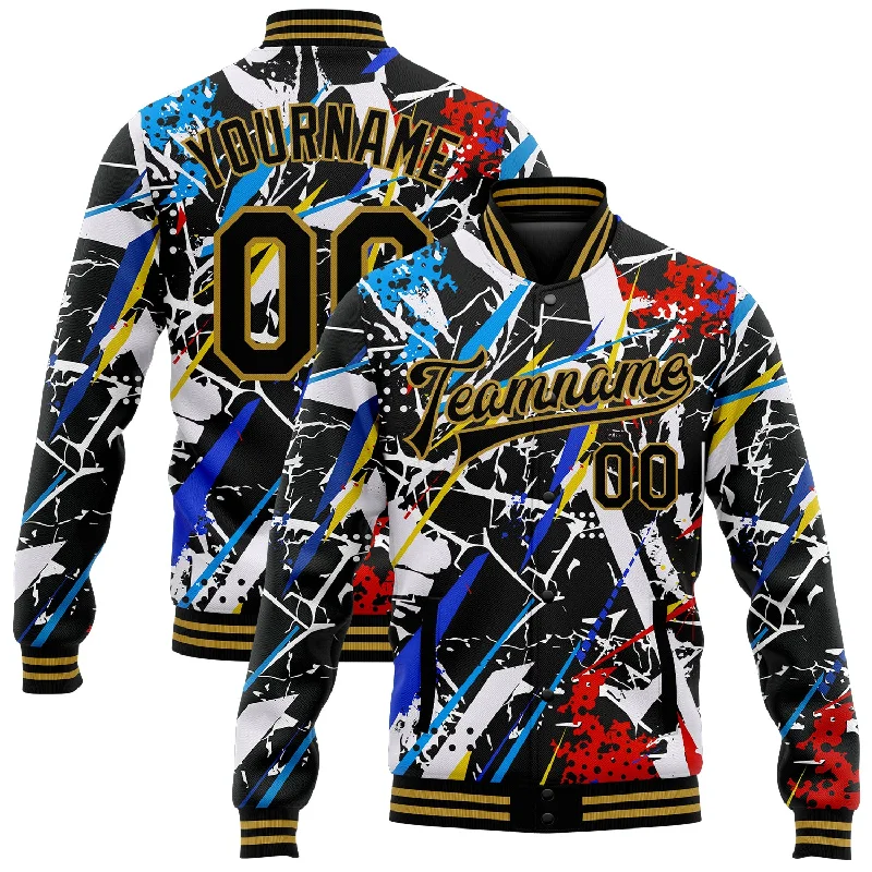 Unisex Casual Wear For All Seasons Unbeatable Deals Custom Graffiti Pattern Black-Old Gold Grunge Art 3D Bomber Full-Snap Varsity Letterman Jacket Unisex Casual Wear For All Seasons Unbeatable Deals Custom Graffiti Pattern Black-Old Gold Grunge Art 3D Bomber Full-Snap Varsity Letterman Jacket