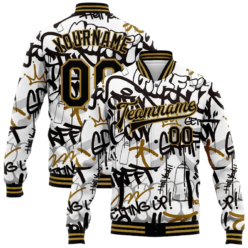 Effortless And Modern Unisex Dressing Hot Picks Custom Graffiti Pattern Black-Old Gold Grunge Urban Street Art 3D Bomber Full-Snap Varsity Letterman Jacket Effortless And Modern Unisex Dressing Hot Picks Custom Graffiti Pattern Black-Old Gold Grunge Urban Street Art 3D Bomber Full-Snap Varsity Letterman Jacket