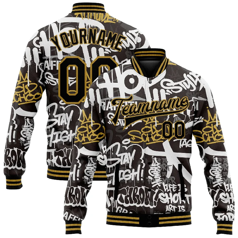 Lightweight And Breathable Unisex Wear Sustainable Fashion Extravaganza Custom Graffiti Pattern Black-Old Gold Grunge Urban Street And Old School Art 3D Bomber Full-Snap Varsity Letterman Jacket Lightweight And Breathable Unisex Wear Sustainable Fashion Extravaganza Custom Graffiti Pattern Black-Old Gold Grunge Urban Street And Old School Art 3D Bomber Full-Snap Varsity Letterman Jacket