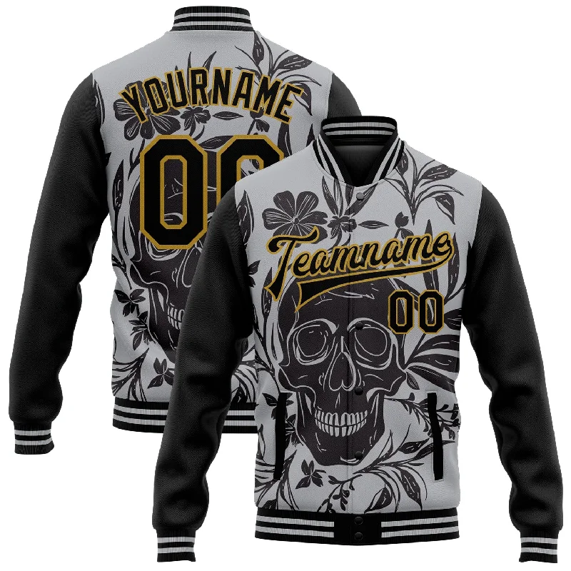Fashion-Forward Unisex Apparel New In This Season Custom Gray Black-Old Gold Skull With Flowers 3D Bomber Full-Snap Varsity Letterman Two Tone Jacket Fashion-Forward Unisex Apparel New In This Season Custom Gray Black-Old Gold Skull With Flowers 3D Bomber Full-Snap Varsity Letterman Two Tone Jacket