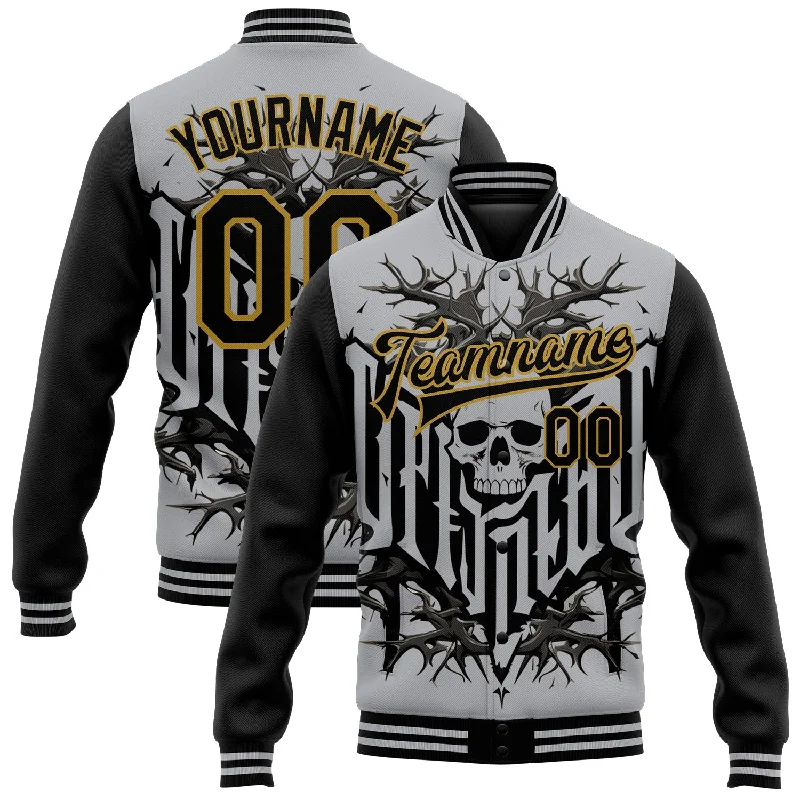 Contemporary Gender-Free Clothing Styles Classic Modern Offers Custom Gray Black-Old Gold Skull With Thorns 3D Bomber Full-Snap Varsity Letterman Two Tone Jacket Contemporary Gender-Free Clothing Styles Classic Modern Offers Custom Gray Black-Old Gold Skull With Thorns 3D Bomber Full-Snap Varsity Letterman Two Tone Jacket