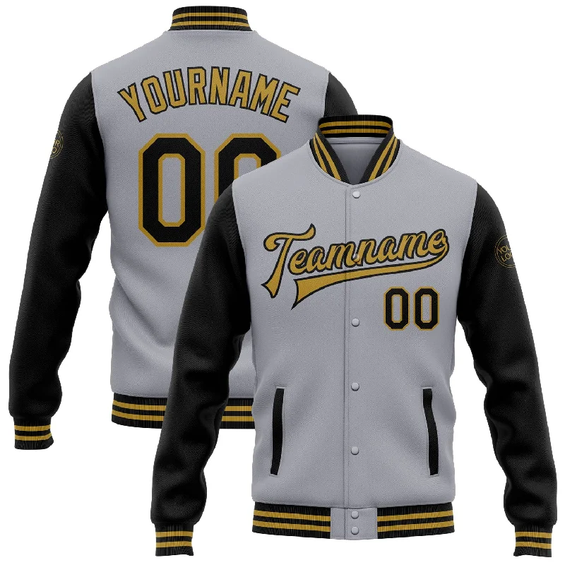 Chic And Contemporary Unisex Clothing Choices Step Ahead, Lead The Trend Custom Gray Black-Old Gold Bomber Full-Snap Varsity Letterman Two Tone Jacket Chic And Contemporary Unisex Clothing Choices Step Ahead, Lead The Trend Custom Gray Black-Old Gold Bomber Full-Snap Varsity Letterman Two Tone Jacket