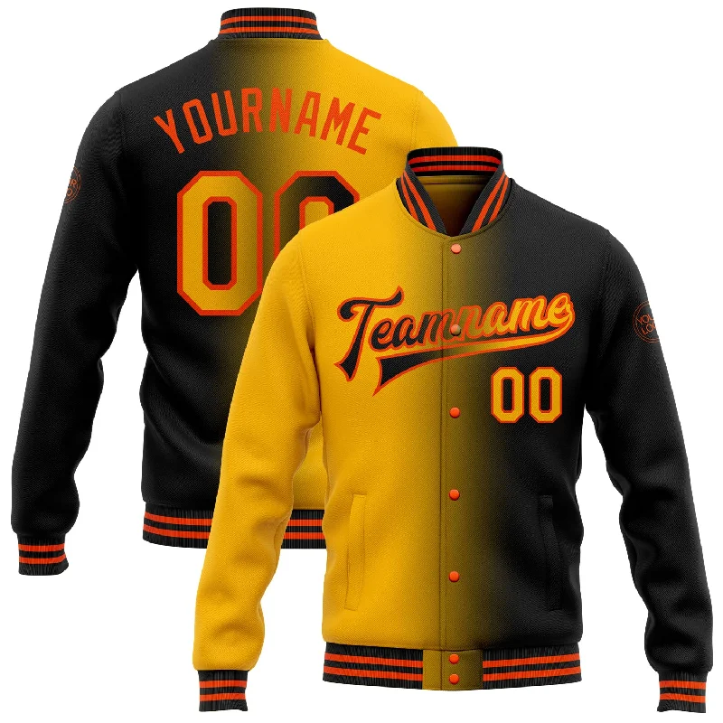 Sustainable Gender-Neutral Apparel Ride The Style Wave Custom Black Gold-Orange Bomber Full-Snap Varsity Letterman Gradient Fashion Jacket Sustainable Gender-Neutral Apparel Ride The Style Wave Custom Black Gold-Orange Bomber Full-Snap Varsity Letterman Gradient Fashion Jacket