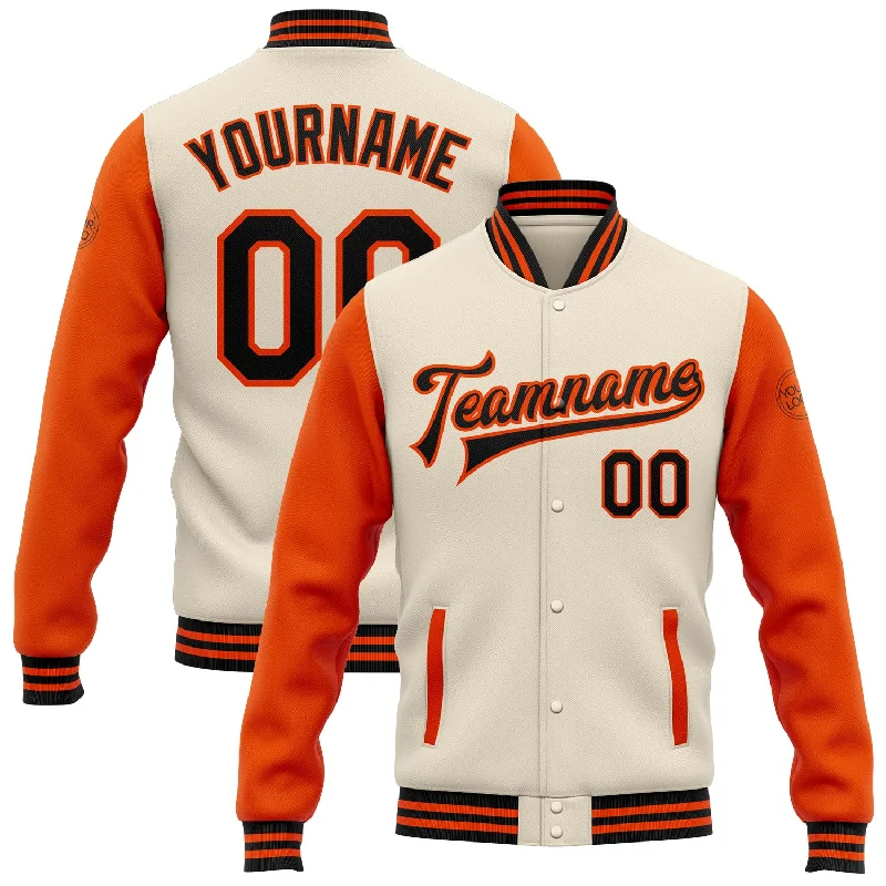 Versatile Clothing For All Genders Crazy Price Slashing Custom Cream Black-Orange Bomber Full-Snap Varsity Letterman Two Tone Jacket Versatile Clothing For All Genders Crazy Price Slashing Custom Cream Black-Orange Bomber Full-Snap Varsity Letterman Two Tone Jacket