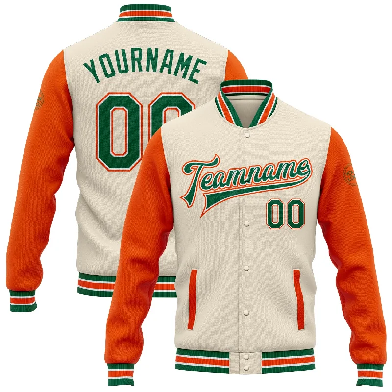 Everyday Wear For Men And Women Browse Our Top Products Custom Cream Kelly Green-Orange Bomber Full-Snap Varsity Letterman Two Tone Jacket Everyday Wear For Men And Women Browse Our Top Products Custom Cream Kelly Green-Orange Bomber Full-Snap Varsity Letterman Two Tone Jacket