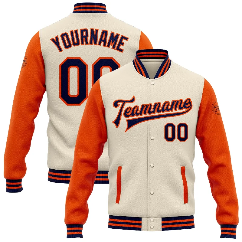 Modern Unisex Wardrobe Staples Special Offers, Don't Miss Custom Cream Navy-Orange Bomber Full-Snap Varsity Letterman Two Tone Jacket Modern Unisex Wardrobe Staples Special Offers, Don't Miss Custom Cream Navy-Orange Bomber Full-Snap Varsity Letterman Two Tone Jacket