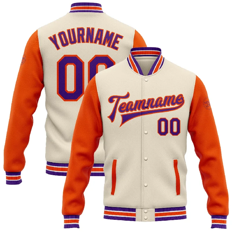 Unisex Casual Fashion Trends Limited Time Offer Custom Cream Purple-Orange Bomber Full-Snap Varsity Letterman Two Tone Jacket Unisex Casual Fashion Trends Limited Time Offer Custom Cream Purple-Orange Bomber Full-Snap Varsity Letterman Two Tone Jacket