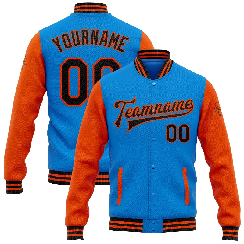 Elegant And Minimal Gender-Free Clothing Trendy Looks On Sale Custom Powder Blue Black-Orange Bomber Full-Snap Varsity Letterman Two Tone Jacket Elegant And Minimal Gender-Free Clothing Trendy Looks On Sale Custom Powder Blue Black-Orange Bomber Full-Snap Varsity Letterman Two Tone Jacket
