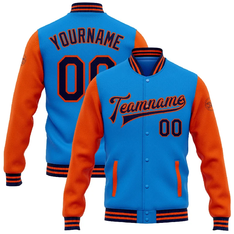 Chic And Contemporary Unisex Clothing Choices Imeless Style Custom Powder Blue Navy-Orange Bomber Full-Snap Varsity Letterman Two Tone Jacket Chic And Contemporary Unisex Clothing Choices Imeless Style Custom Powder Blue Navy-Orange Bomber Full-Snap Varsity Letterman Two Tone Jacket