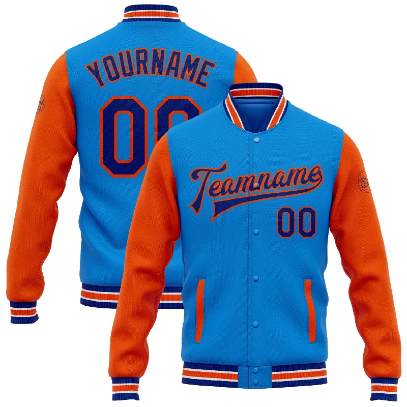 Modern Unisex Clothing For Any Occasion Save Big Custom Powder Blue Royal-Orange Bomber Full-Snap Varsity Letterman Two Tone Jacket Modern Unisex Clothing For Any Occasion Save Big Custom Powder Blue Royal-Orange Bomber Full-Snap Varsity Letterman Two Tone Jacket
