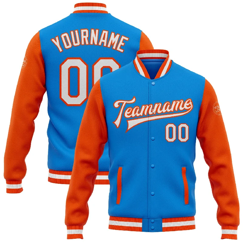 Comfortable Gender-Free Fashion Choices Must-Have Style Discounts Custom Powder Blue White-Orange Bomber Full-Snap Varsity Letterman Two Tone Jacket Comfortable Gender-Free Fashion Choices Must-Have Style Discounts Custom Powder Blue White-Orange Bomber Full-Snap Varsity Letterman Two Tone Jacket
