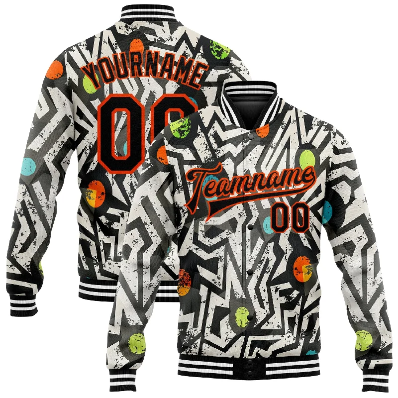 Versatile And Stylish Unisex Apparel Flash Sale, Don'T Miss Custom Graffiti Pattern Black-Orange Modern Geometric Grunge Art 3D Bomber Full-Snap Varsity Letterman Jacket Versatile And Stylish Unisex Apparel Flash Sale, Don'T Miss Custom Graffiti Pattern Black-Orange Modern Geometric Grunge Art 3D Bomber Full-Snap Varsity Letterman Jacket