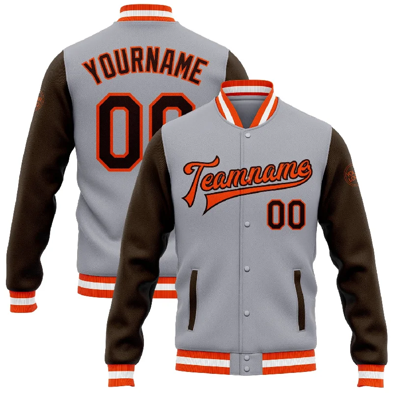 Chic And Contemporary Unisex Clothing Choices Playful Fashion Offers Custom Gray Brown-Orange Bomber Full-Snap Varsity Letterman Two Tone Jacket Chic And Contemporary Unisex Clothing Choices Playful Fashion Offers Custom Gray Brown-Orange Bomber Full-Snap Varsity Letterman Two Tone Jacket