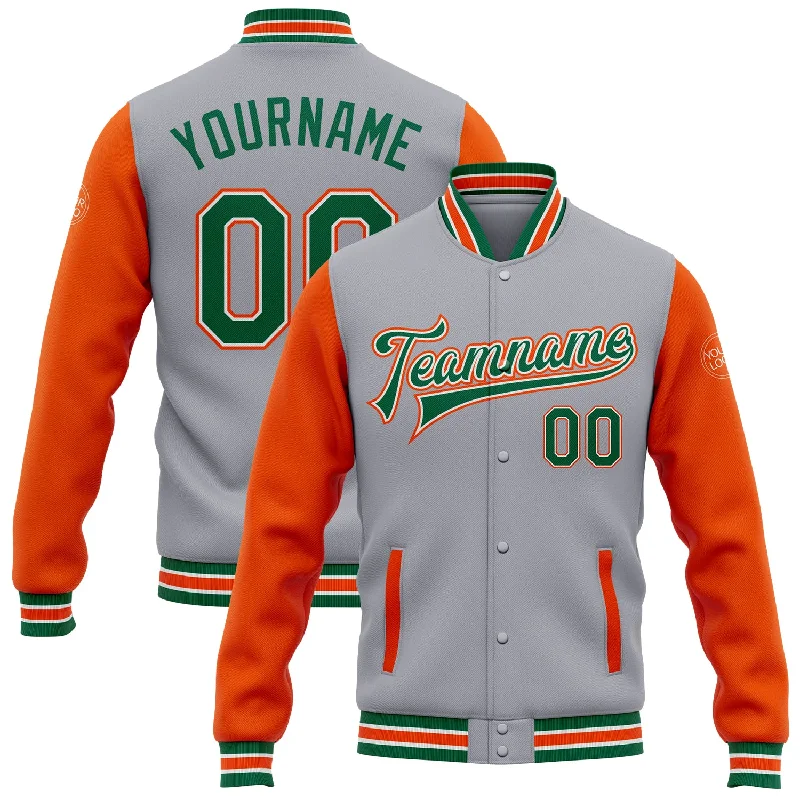 Sustainable And Ethical Unisex Clothing Hot Picks Custom Gray Kelly Green-Orange Bomber Full-Snap Varsity Letterman Two Tone Jacket Sustainable And Ethical Unisex Clothing Hot Picks Custom Gray Kelly Green-Orange Bomber Full-Snap Varsity Letterman Two Tone Jacket