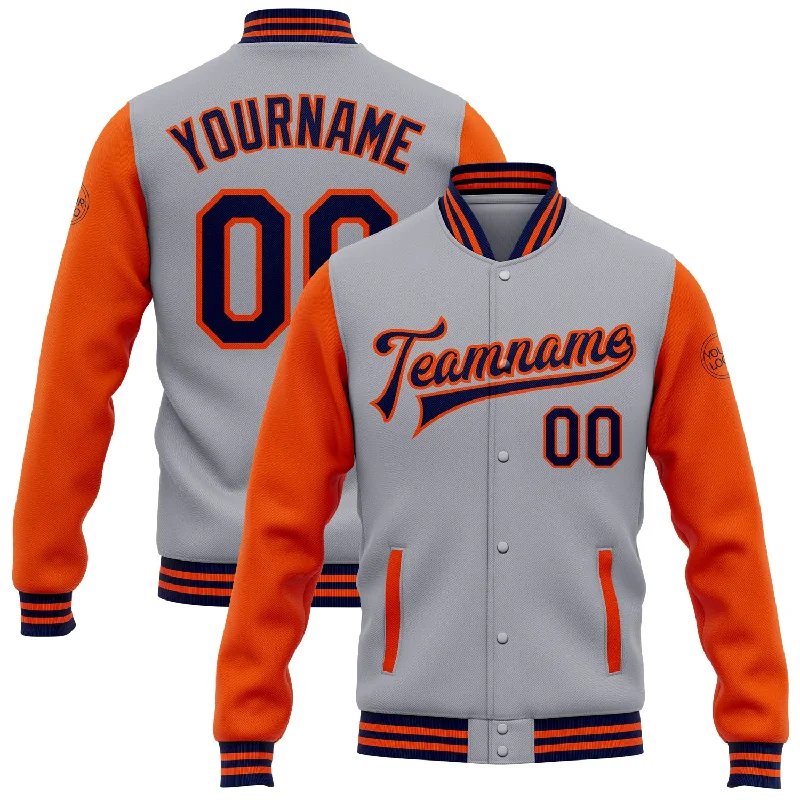 Classic And Timeless Gender-Neutral Fashion Big Discounts Custom Gray Navy-Orange Bomber Full-Snap Varsity Letterman Two Tone Jacket Classic And Timeless Gender-Neutral Fashion Big Discounts Custom Gray Navy-Orange Bomber Full-Snap Varsity Letterman Two Tone Jacket