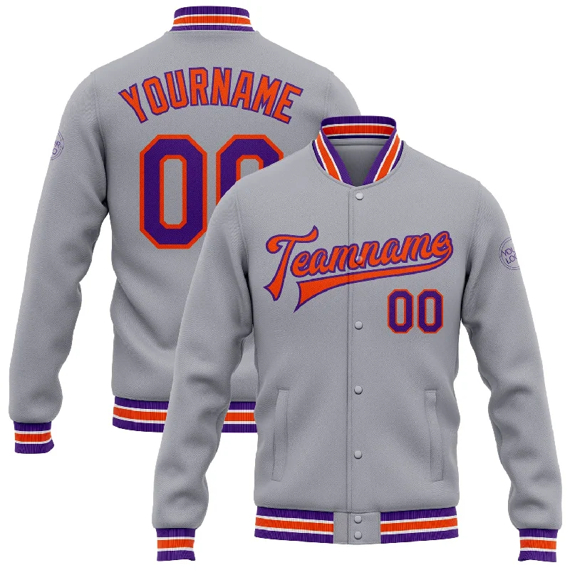 Sustainable And Ethical Unisex Clothing Fashion Deal Custom Gray Purple-Orange Bomber Full-Snap Varsity Letterman Jacket