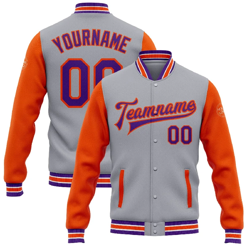 Versatile Gender-Free Wardrobe Essentials Fashion Forward Custom Gray Purple-Orange Bomber Full-Snap Varsity Letterman Two Tone Jacket Versatile Gender-Free Wardrobe Essentials Fashion Forward Custom Gray Purple-Orange Bomber Full-Snap Varsity Letterman Two Tone Jacket