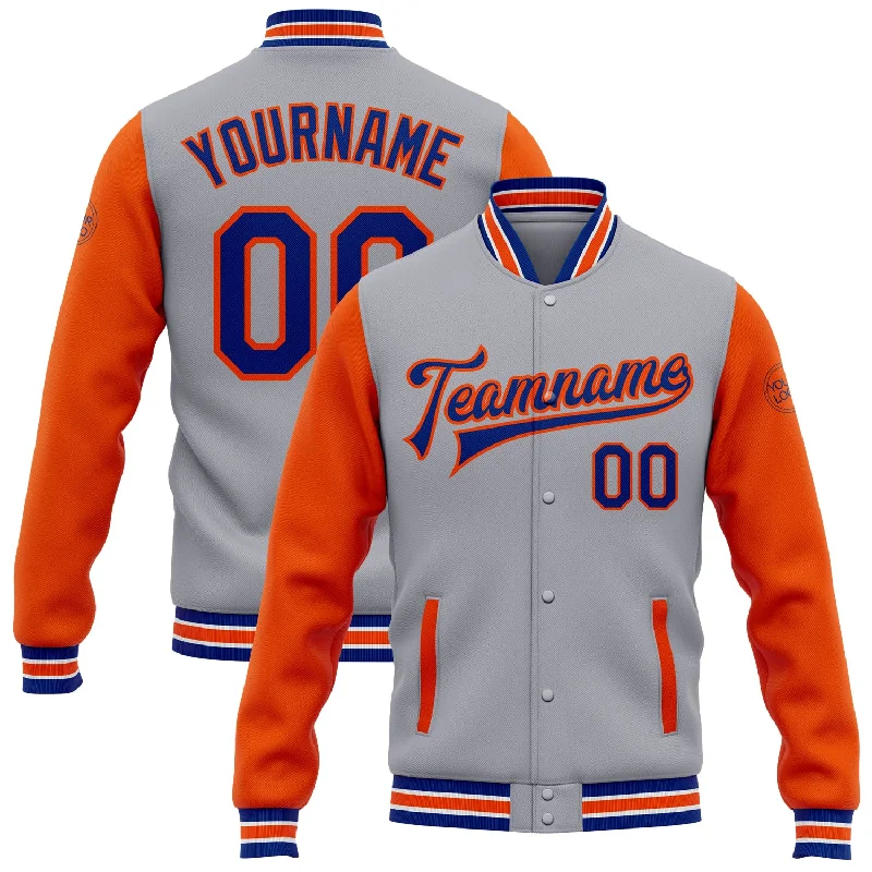 Sleek And Comfortable Unisex Wear Mega Sales Custom Gray Royal-Orange Bomber Full-Snap Varsity Letterman Two Tone Jacket Sleek And Comfortable Unisex Wear Mega Sales Custom Gray Royal-Orange Bomber Full-Snap Varsity Letterman Two Tone Jacket