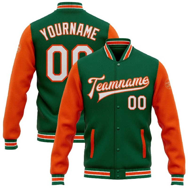 Trendy Unisex Streetwear Fashion Budget-Friendly Fashion Custom Kelly Green White-Orange Bomber Full-Snap Varsity Letterman Two Tone Jacket Trendy Unisex Streetwear Fashion Budget-Friendly Fashion Custom Kelly Green White-Orange Bomber Full-Snap Varsity Letterman Two Tone Jacket