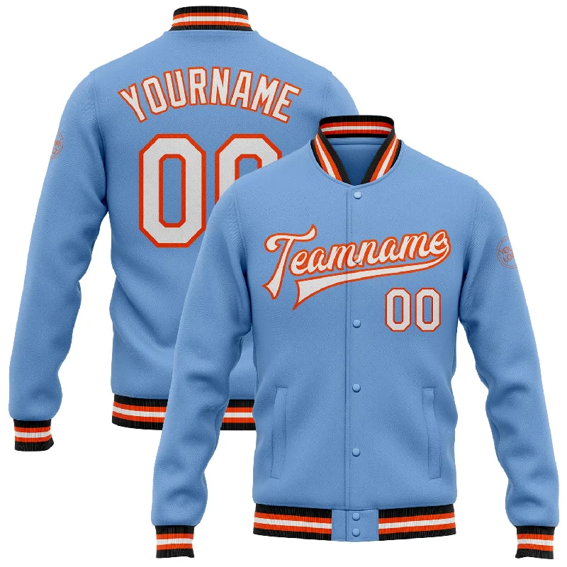 Gender-Neutral Trendy Clothing Styles Discover Promotions Custom Light Blue White Orange-Black Bomber Full-Snap Varsity Letterman Jacket