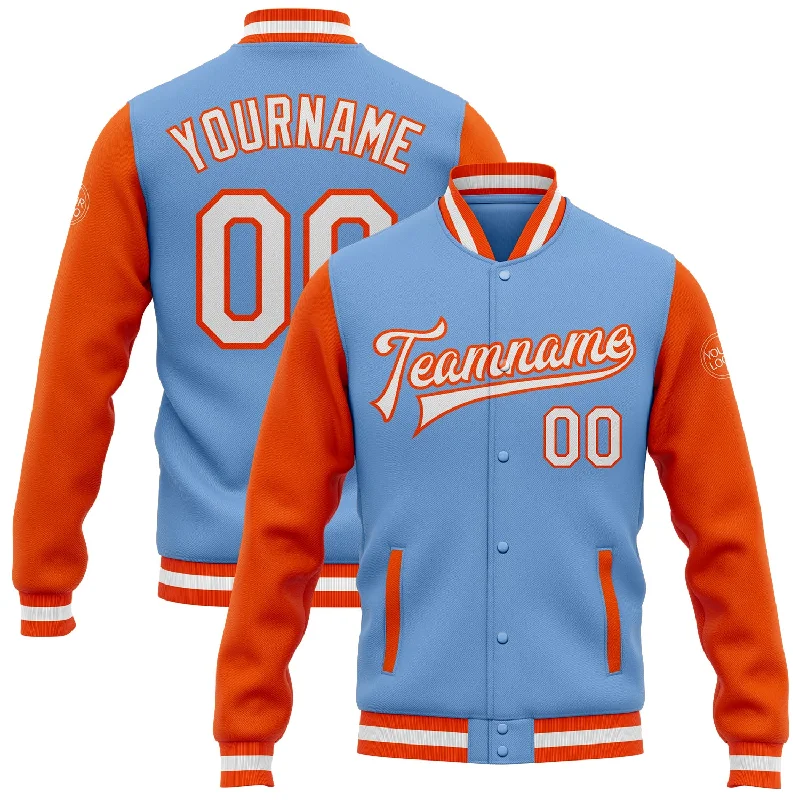 Oversized Unisex Apparel For Effortless Style Chic Styles Custom Light Blue White-Orange Bomber Full-Snap Varsity Letterman Two Tone Jacket Oversized Unisex Apparel For Effortless Style Chic Styles Custom Light Blue White-Orange Bomber Full-Snap Varsity Letterman Two Tone Jacket