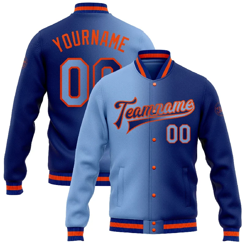 Chic And Contemporary Unisex Clothing Choices Discover Promotions Custom Royal Light Blue-Orange Bomber Full-Snap Varsity Letterman Gradient Fashion Jacket Chic And Contemporary Unisex Clothing Choices Discover Promotions Custom Royal Light Blue-Orange Bomber Full-Snap Varsity Letterman Gradient Fashion Jacket