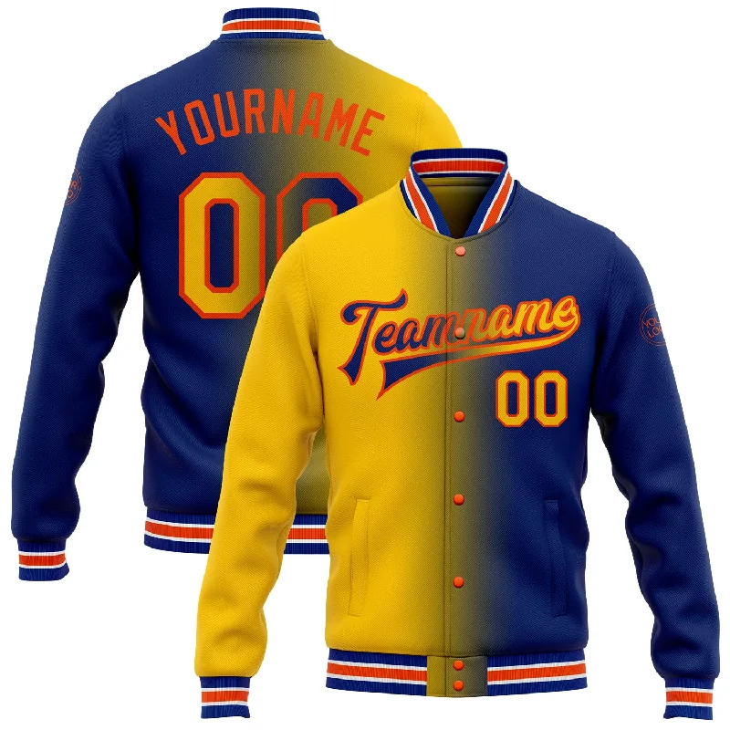 Elegant And Minimal Gender-Free Clothing Top Brand Discounts Custom Royal Yellow-Orange Bomber Full-Snap Varsity Letterman Gradient Fashion Jacket Elegant And Minimal Gender-Free Clothing Top Brand Discounts Custom Royal Yellow-Orange Bomber Full-Snap Varsity Letterman Gradient Fashion Jacket