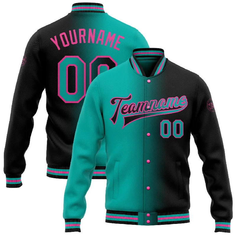Casual And Trendy Unisex Fashion Staples Crazy Discounts, Hurry Up Custom Black Aqua-Pink Bomber Full-Snap Varsity Letterman Gradient Fashion Jacket Casual And Trendy Unisex Fashion Staples Crazy Discounts, Hurry Up Custom Black Aqua-Pink Bomber Full-Snap Varsity Letterman Gradient Fashion Jacket
