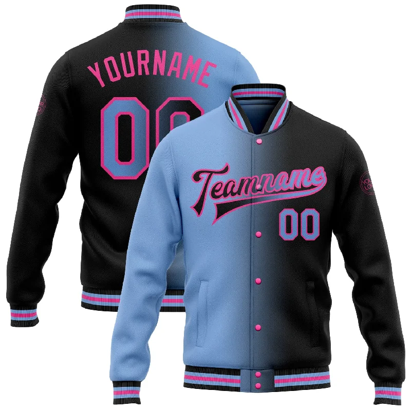 All-Season Unisex Clothing Collection Big Savings Custom Black Light Blue-Pink Bomber Full-Snap Varsity Letterman Gradient Fashion Jacket