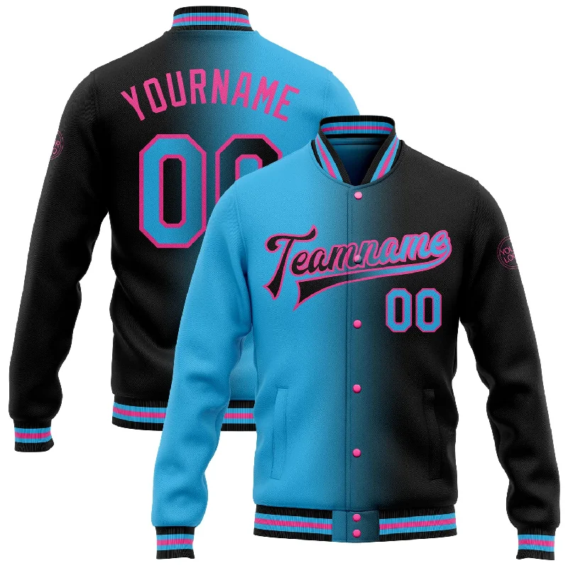 Classic And Timeless Gender-Neutral Fashion Additional Time-Limited Offers Custom Black Sky Blue-Pink Bomber Full-Snap Varsity Letterman Gradient Fashion Jacket Classic And Timeless Gender-Neutral Fashion Additional Time-Limited Offers Custom Black Sky Blue-Pink Bomber Full-Snap Varsity Letterman Gradient Fashion Jacket